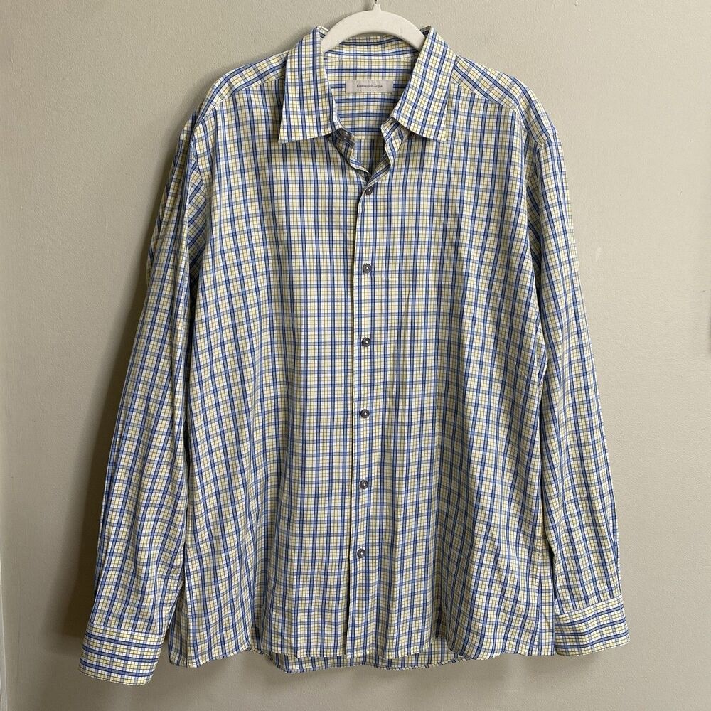 Men's Ermenegildo Zegna Blue & Yellow Plaid Button Down Shirt Size Large
